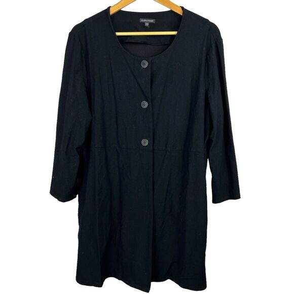 Eileen Fisher Black Collarless Mid Length Jacket Size L Viscose 3 button - Picture 1 of 10